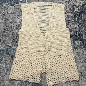 Handmade Open Knit Cream Longline Button Front Cottagecore Vest Size Large